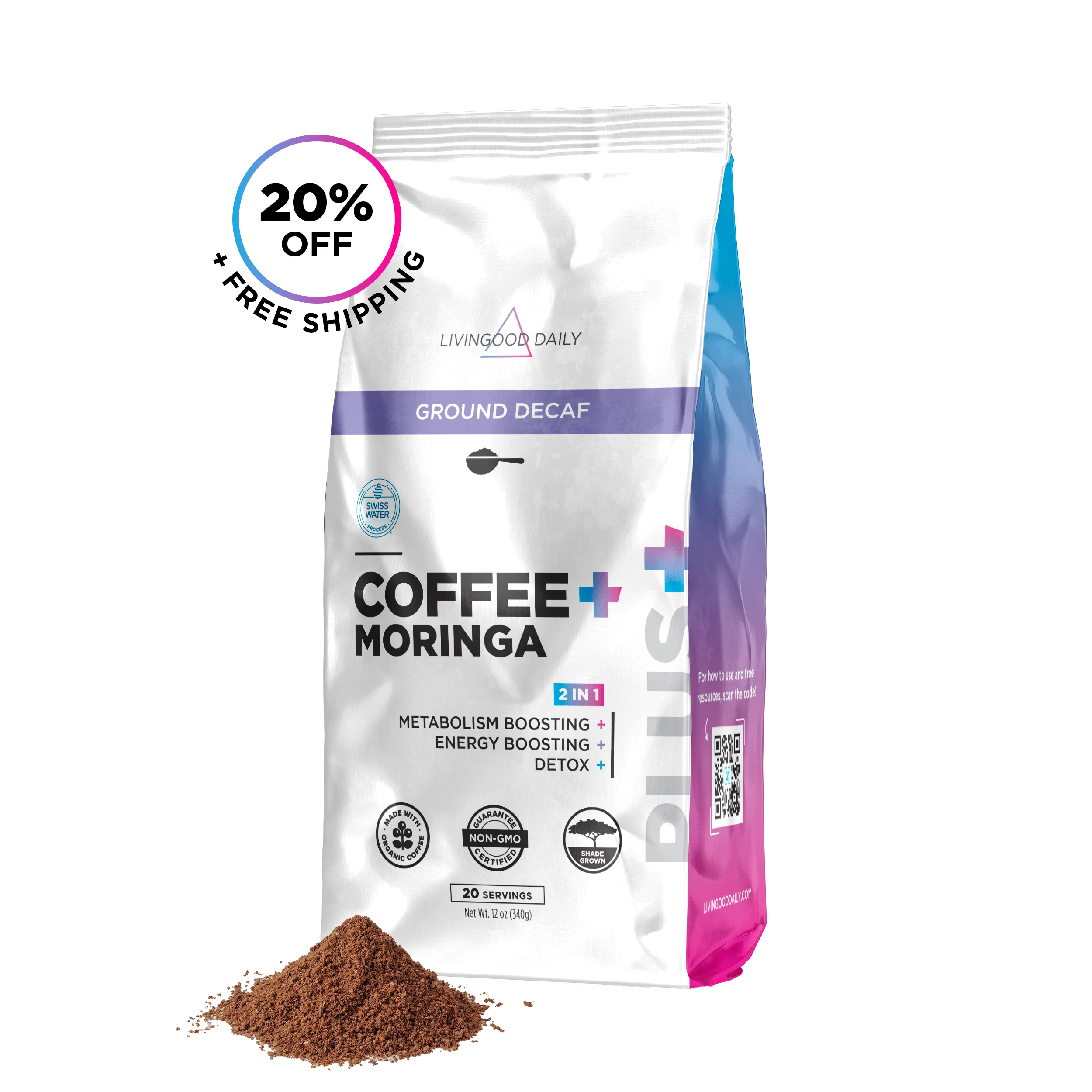 Livingood Daily Coffee + Moringa Ground Swiss Water Decaf - 1 Pack